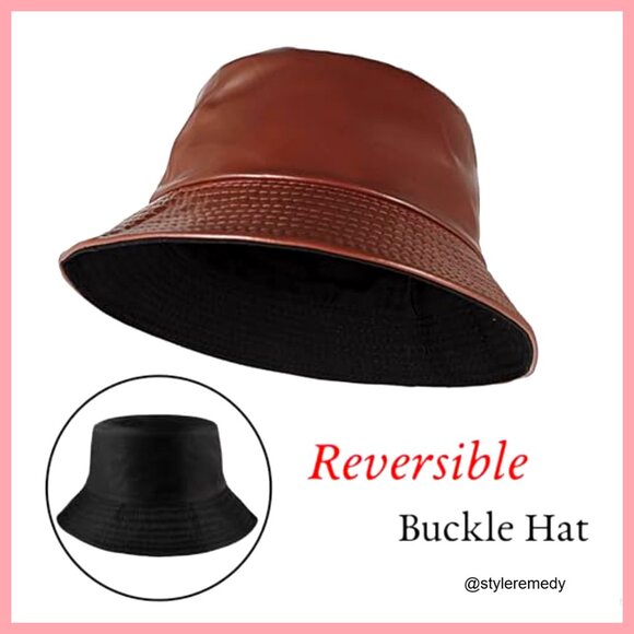 Reversible PU Leather Bucket Hat, Adjustable Fishing Cap, Unisex
